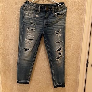 American Eagle High Rise Super Stretch Patched Skinny Crop Jeans Sz 6